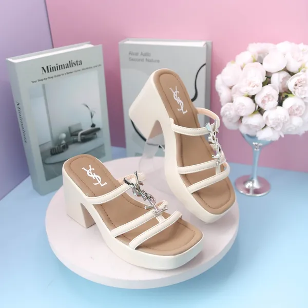 Khám phá Dép Cao Gót Nữ TGG 1454 Màu Kem Da Mịn Phối Chữ YSL Size 36