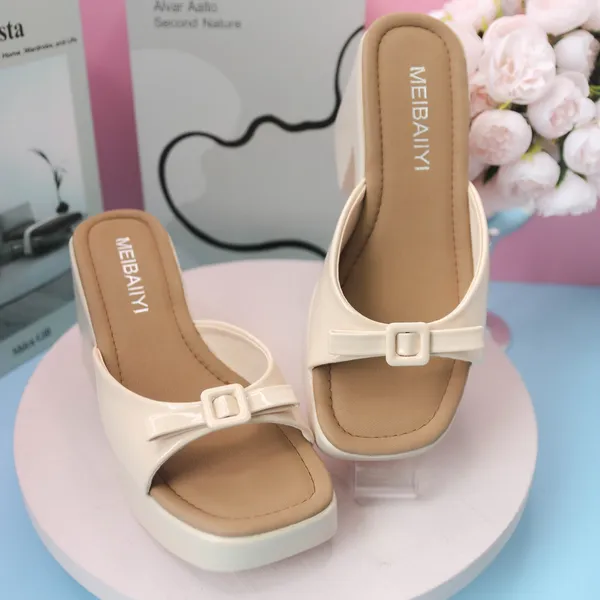 Khám phá Dép Cao Gót Nữ TGG 1455 Màu Kem Phối Nâu Quai Nơ Size 35