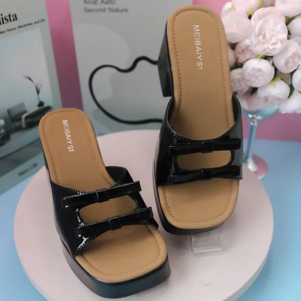 Khám phá Dép Cao Gót Nữ TGG 1547 Màu Đen Phối Nâu 2 Quai Nơ Size 35
