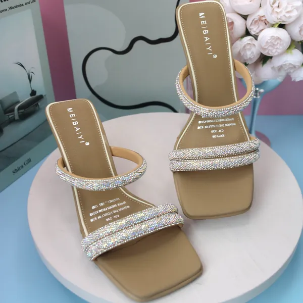 Khám phá Dép Cao Gót Nữ TGG 229 Màu Nâu Quai Đính Đá Size 35