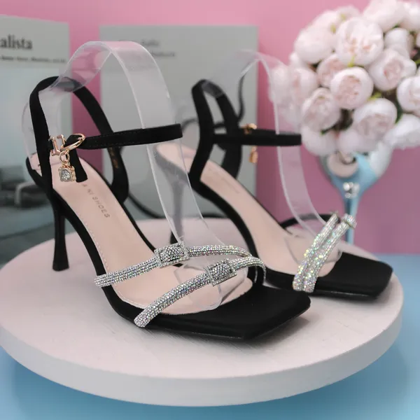 Khám phá Dép Cao Gót Nữ TGG 658-5 Màu Đen Quai Đính Đá Size 35