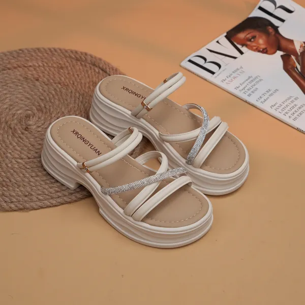 Khám phá Dép quai dây nữ đính đá TGG 2562 màu kem size 35
