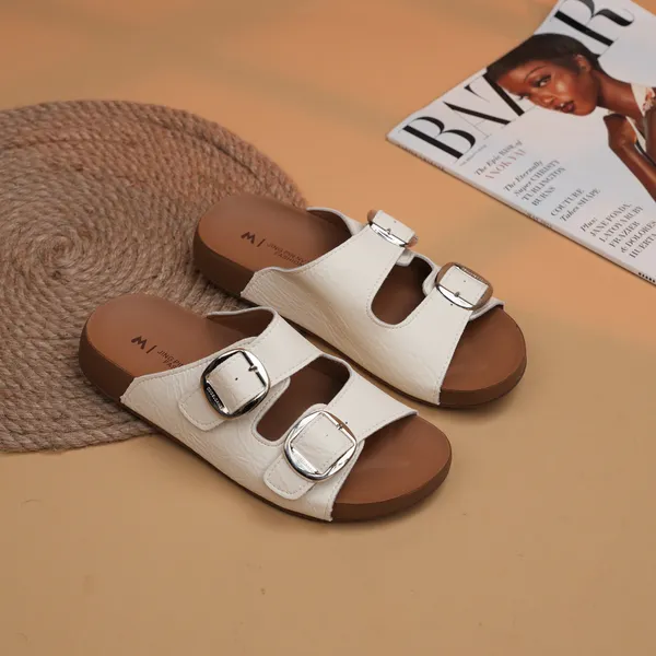 Khám phá Dép quai ngang nữ TGG 198 quai cài 2 khóa da sần màu trắng kem size 35
