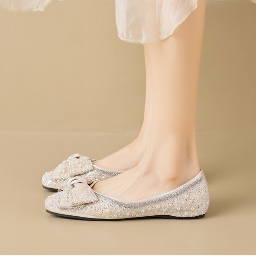 Giày Búp Bê Nữ TGG A5933-1 Màu Trắng Vải Sequin Size 36