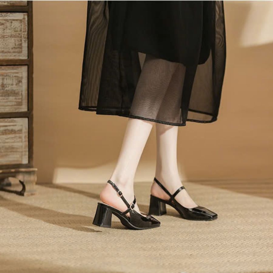Giày Hở Gót Nữ TGG 3370-C2 Màu Đen Da Bóng Size 39