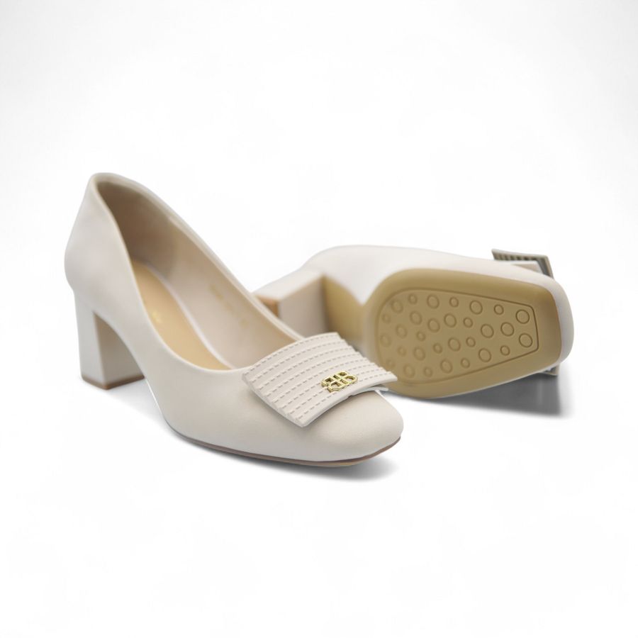 Giày Cao Gót Nữ TGG 25099 Đế Trụ Màu Be Da Lụa Size 39