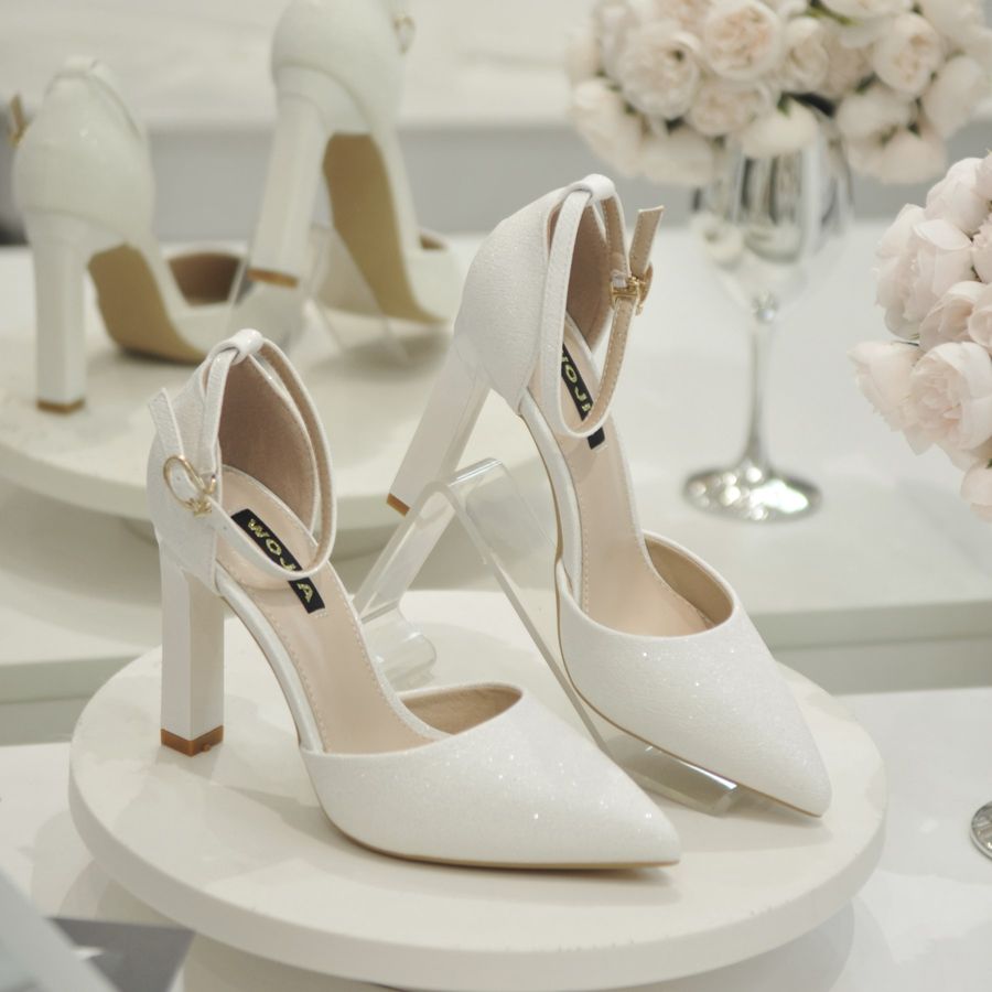 Giày Cao Gót Nữ TGG 3102-1 Màu Trắng Da Sần Phủ Nhũ Size 38