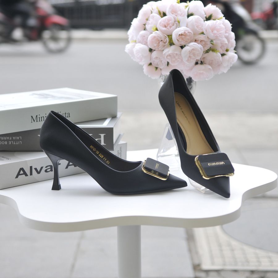 Giày Cao Gót TGG M912-19 Da Lụa Minmin Màu Đen Size 38