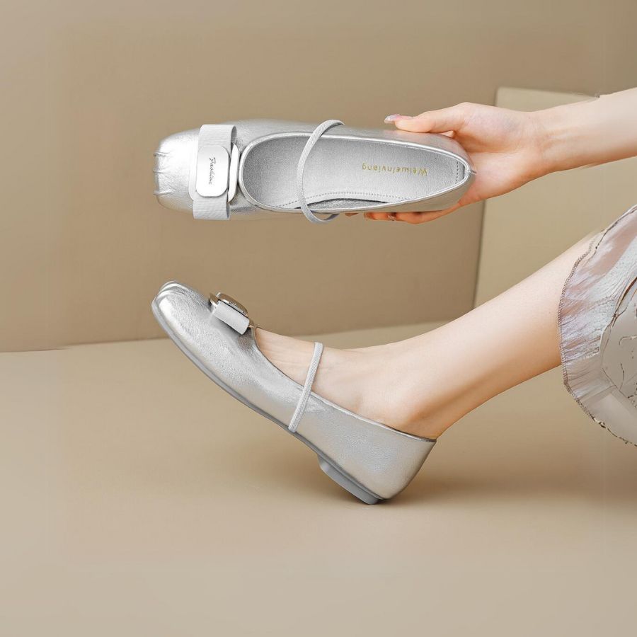 Giày Búp Bê Nữ TGG A358-1 Màu Bạc Da Mềm Size 36
