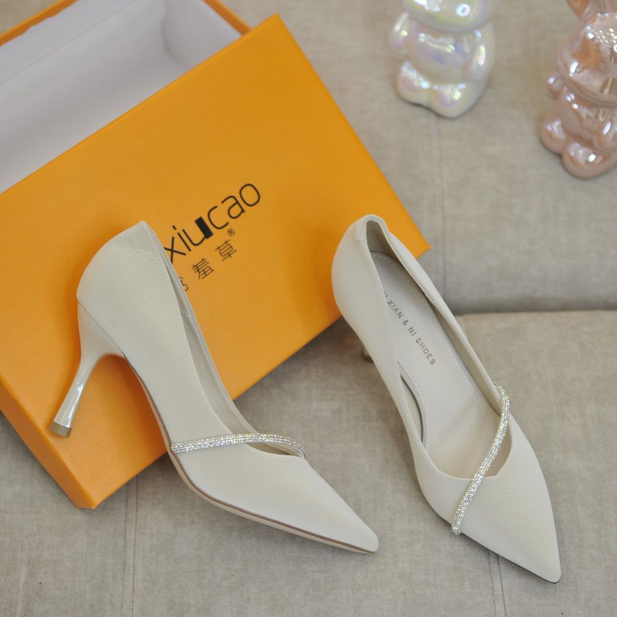 Giày Cao Gót Nữ TGG 213-61 Màu Trắng Da Sần Mịn Size 37