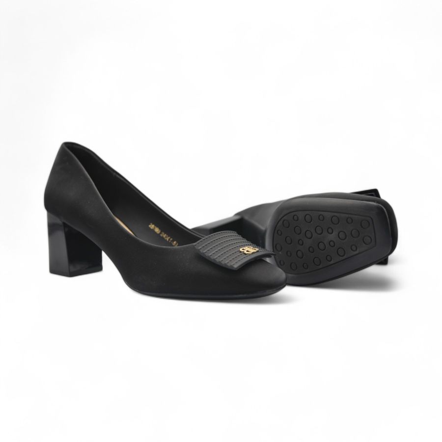 Giày Cao Gót Nữ TGG 25099 Đế Trụ Màu Đen Da Lụa Size 39