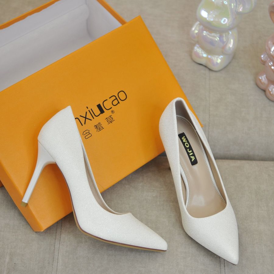Giày Cao Gót Nữ TGG 9436-1 Màu Trắng Da Sần Phủ Nhũ Size 34