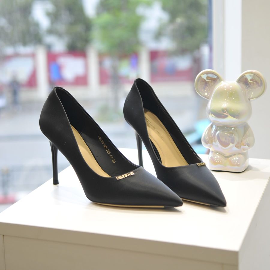 Giày Cao Gót Nữ TGG Q2023-28 Xi Lụa Màu Đen Size 37
