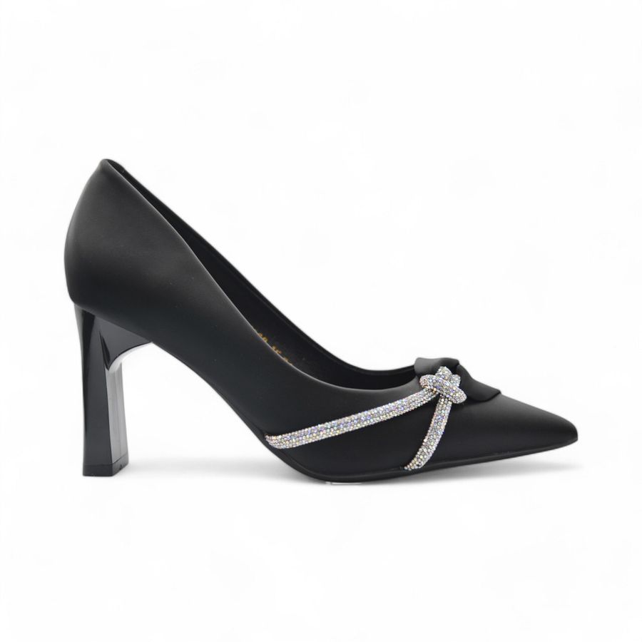Giày Cao Gót TGG 8138-15 Màu Đen Da Lụa Đính Đá Size 36