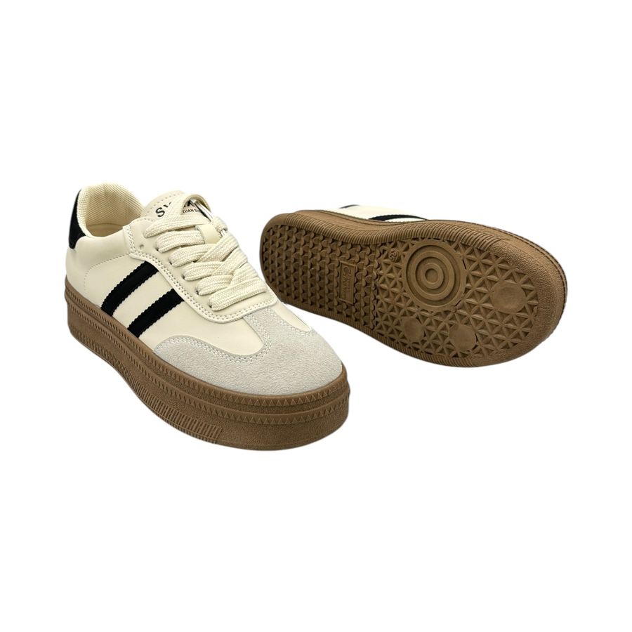 Giày Thể Thao Nữ TGG 88-1 Trắng Xám Phối Sọc Đen Da Lộn Size 37
