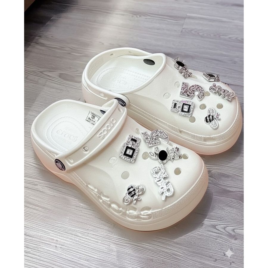 Dép Crocs Nữ TGG 2008 Màu Trắng Đính Sticker Lấp Lánh Size 38