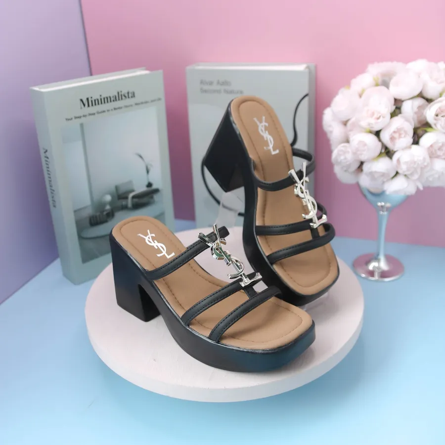 Dép Cao Gót Nữ TGG 1454 Màu Đen Da Mịn Phối Chữ YSL Size 38