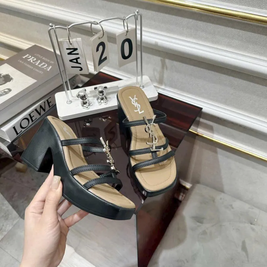 Dép Cao Gót Nữ TGG 1454 Màu Đen Da Mịn Phối Chữ YSL Size 38