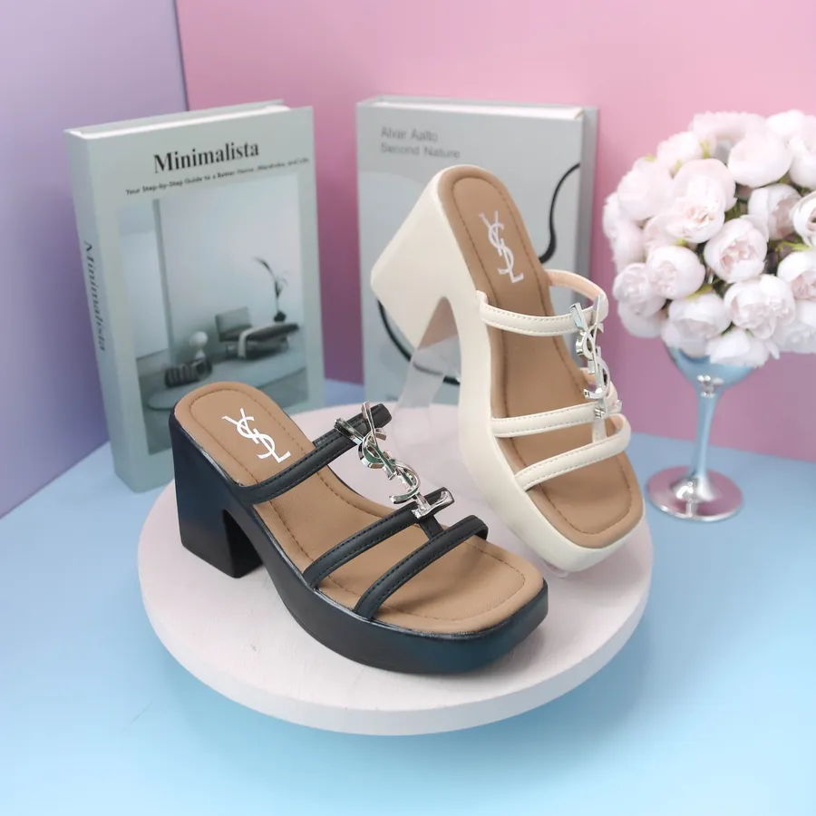 Dép Cao Gót Nữ TGG 1454 Màu Kem Da Mịn Phối Chữ YSL Size 39