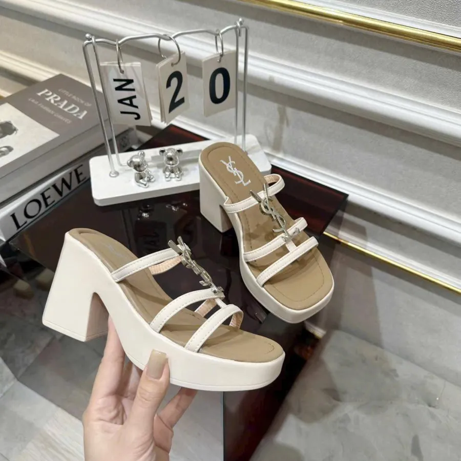 Dép Cao Gót Nữ TGG 1454 Màu Kem Da Mịn Phối Chữ YSL Size 39
