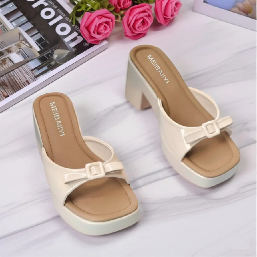 Dép Cao Gót Nữ TGG 1455 Màu Kem Phối Nâu Quai Nơ Size 35