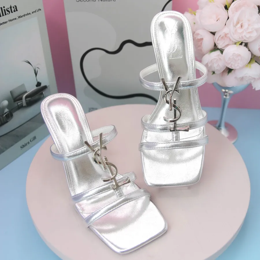 Dép Cao Gót Nữ TGG 1607 Màu Bạc Phối Chữ YSL Size 36