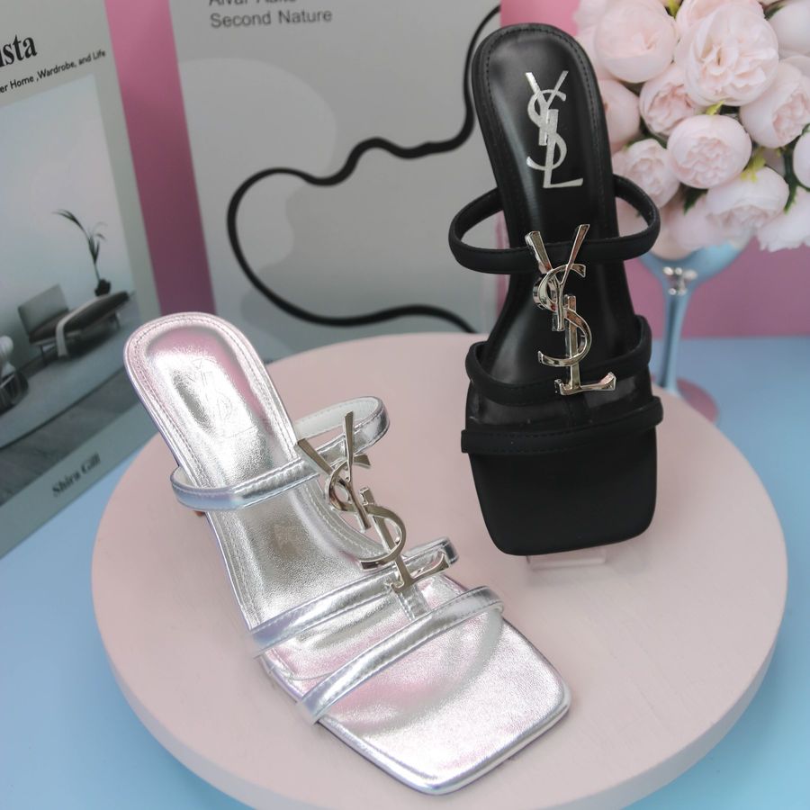 Dép Cao Gót Nữ TGG 1607 Màu Bạc Phối Chữ YSL Size 39