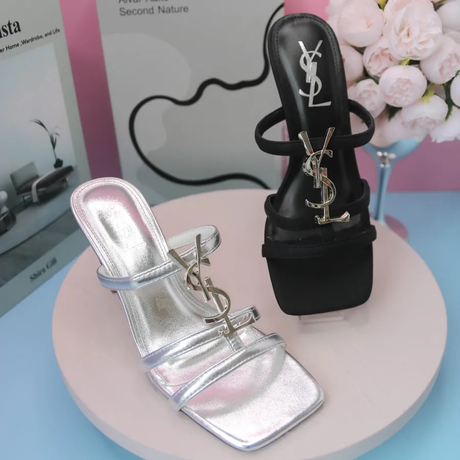 Dép Cao Gót Nữ TGG 1607 Màu Đen Phối Chữ YSL Size 37