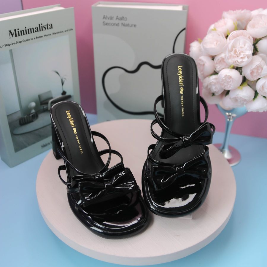 Dép Cao Gót Nữ TGG 2025-13 Màu Đen Da Bóng Size 38