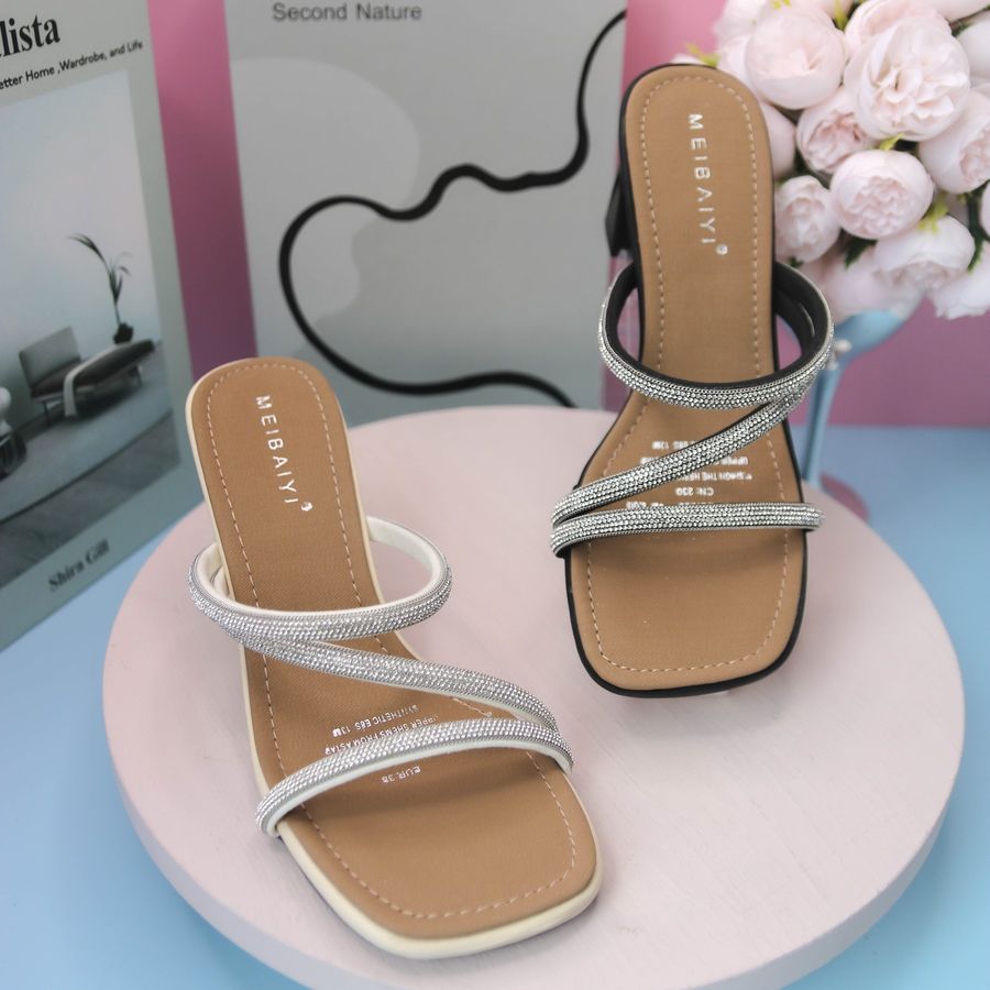 Dép Cao Gót Nữ TGG 206 Màu Kem Phối Nâu Quai Đính Đá Size 39