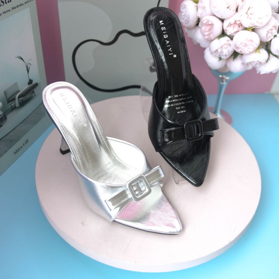 Dép Cao Gót Nữ TGG 215 Màu Bạc Da Nhám Đính Nơ Size 38