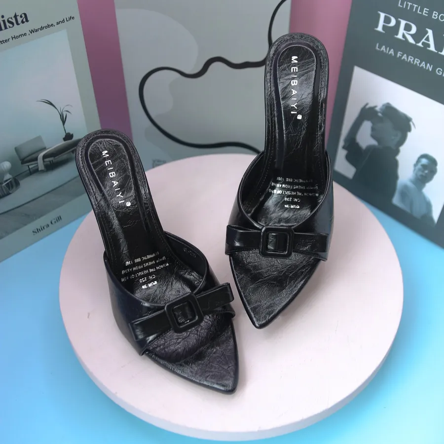 Dép Cao Gót Nữ TGG 215 Màu Đen Da Nhám Đính Nơ Size 36