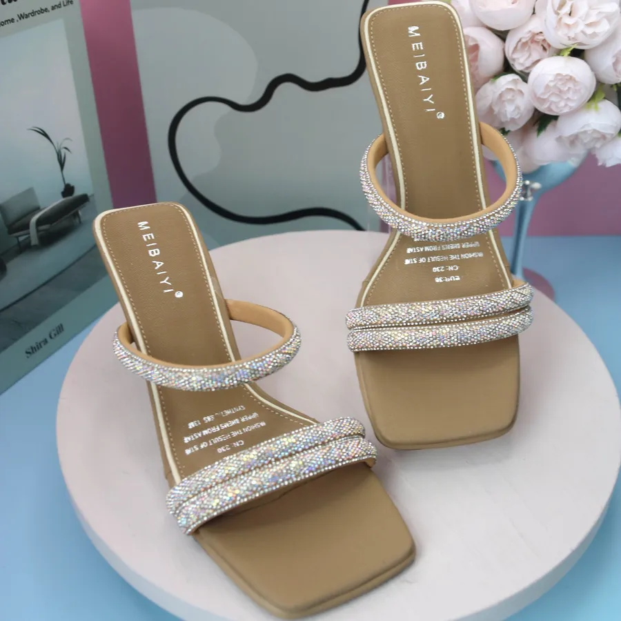 Dép Cao Gót Nữ TGG 229 Màu Nâu Quai Đính Đá Size 35