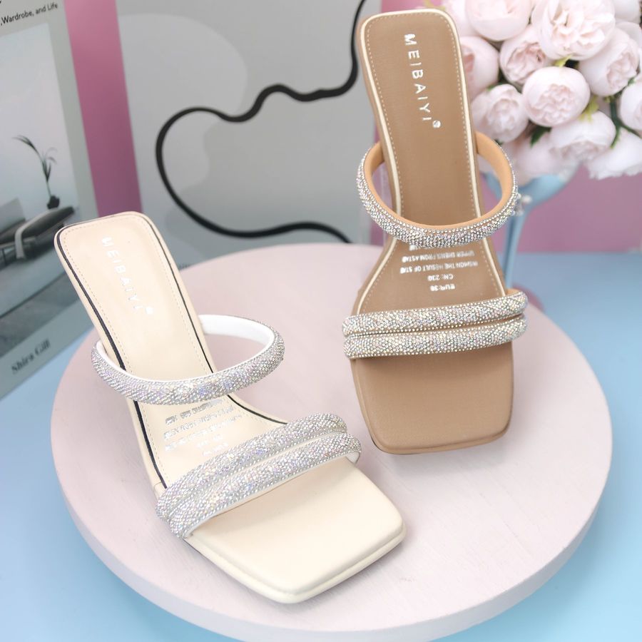 Dép Cao Gót Nữ TGG 229 Màu Nâu Quai Đính Đá Size 35