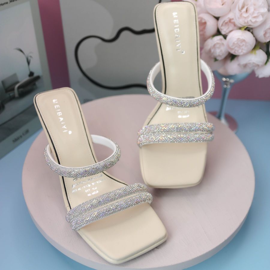 Dép Cao Gót Nữ TGG 229 Màu Trắng Quai Đính Đá Size 36