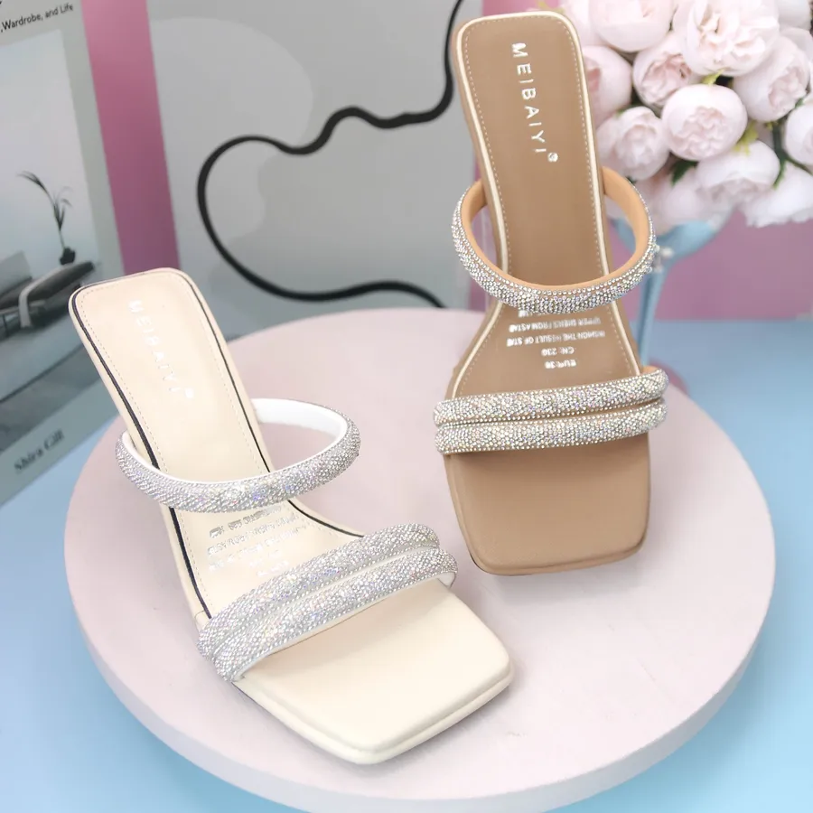 Dép Cao Gót Nữ TGG 229 Màu Trắng Quai Đính Đá Size 38