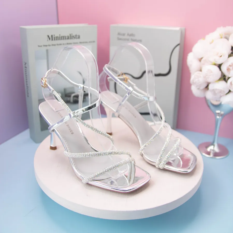 Dép Cao Gót Nữ TGG 276-6 Màu Bạc Da Mềm Quai Đính Đá Size 36