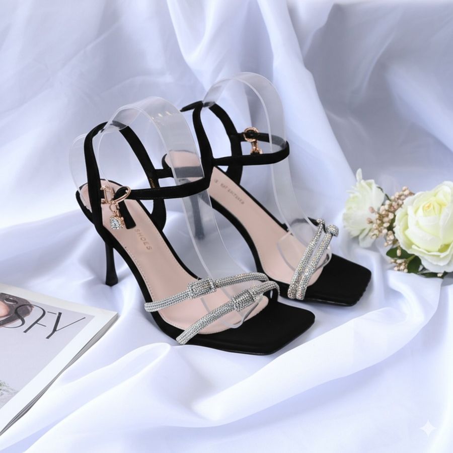 Dép Cao Gót Nữ TGG 658-5 Màu Đen Quai Đính Đá Size 35
