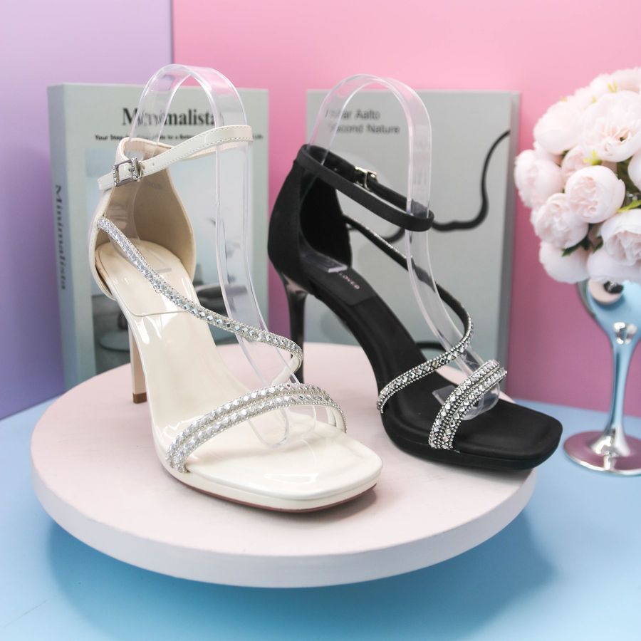 Dép Cao Gót Nữ TGG 899-2 Màu Be Da Mềm Quai Đính Đá Size 38