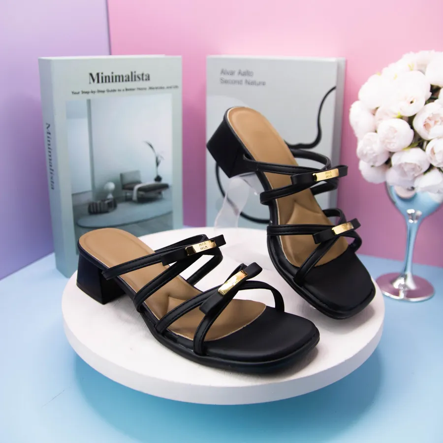 Dép Cao Gót Nữ TGG 899-2 Màu Đen Quai Nơ Chữ MinMin Size 35