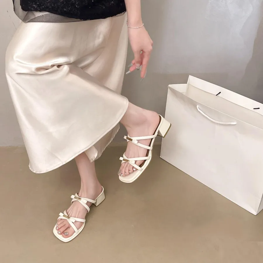 Dép Cao Gót Nữ TGG 899-2 Màu Kem Quai Nơ Chữ MinMin Size 38