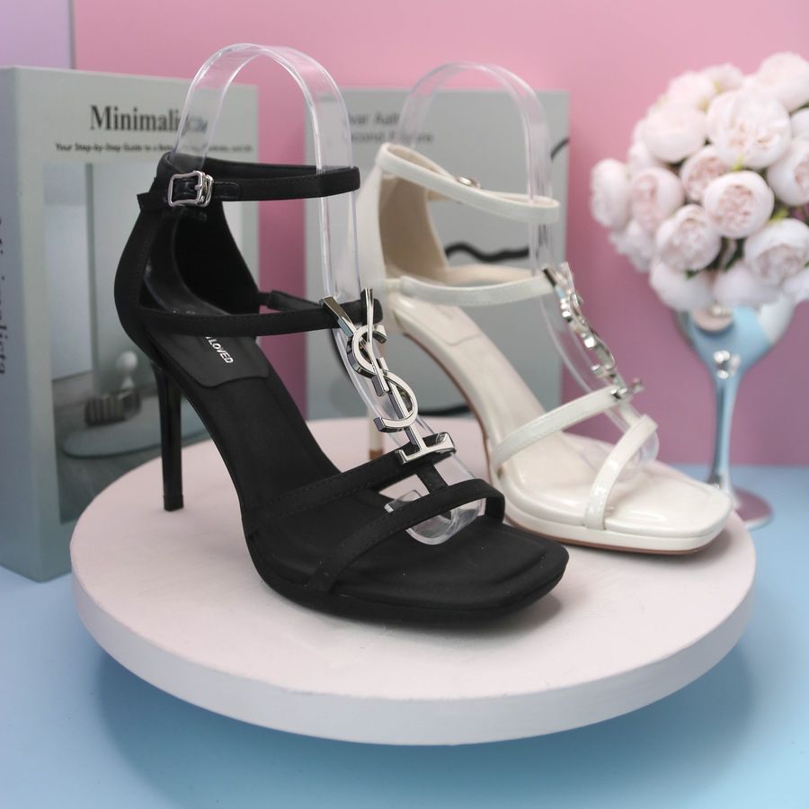Dép Cao Gót Nữ TGG 899-3 Màu Đen Da Mịn Phối Chữ YSL Size 38