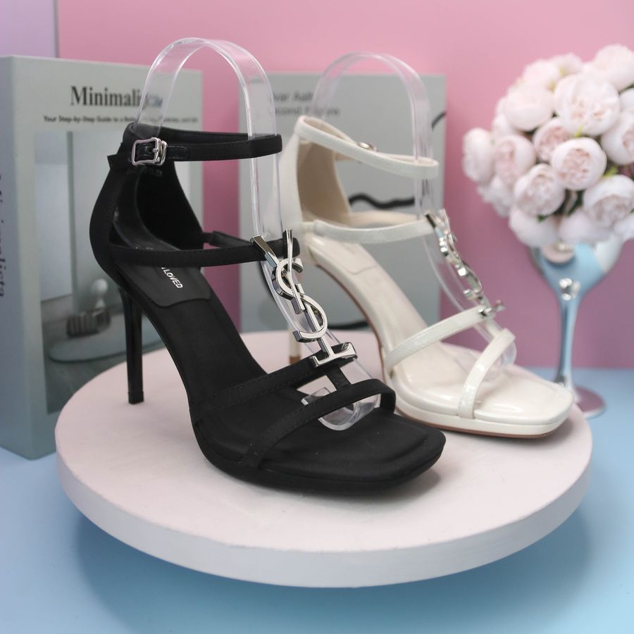 Dép Cao Gót Nữ TGG 899-3 Màu Trắng Da Bóng Phối Chữ YSL Size 36
