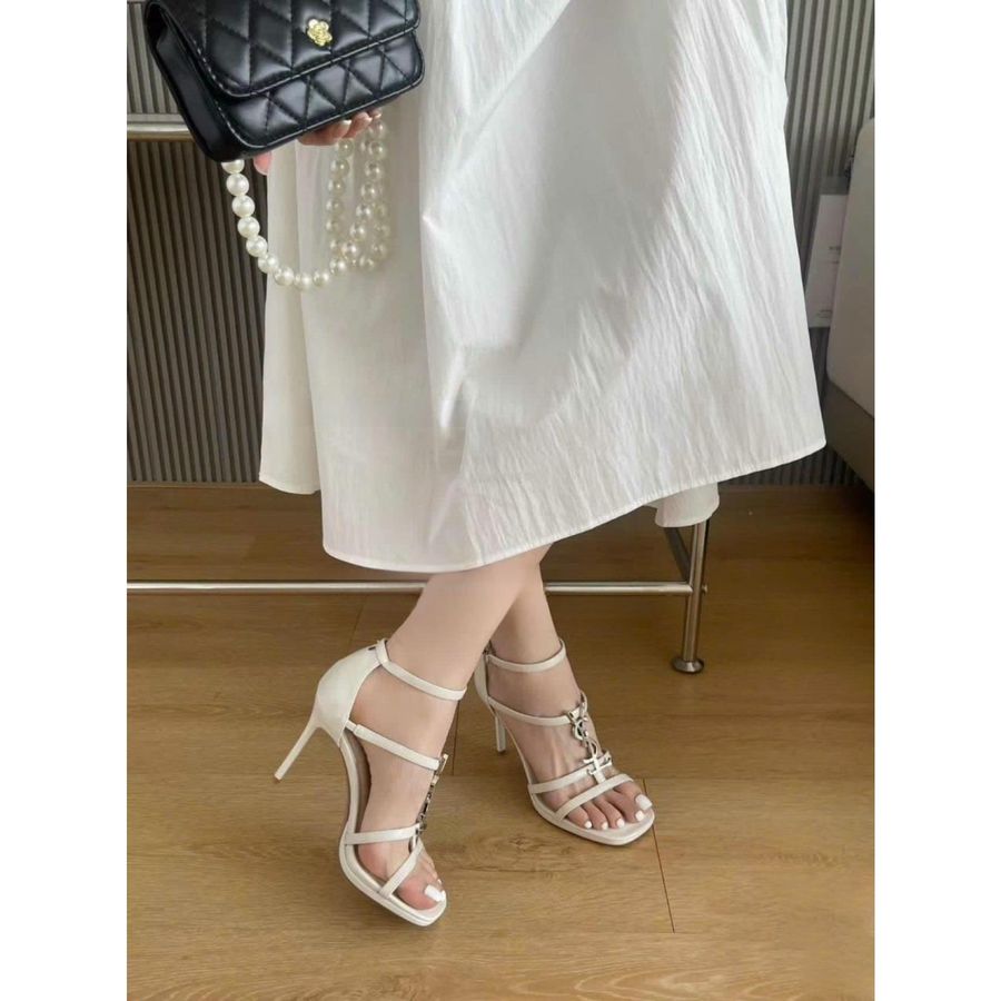 Dép Cao Gót Nữ TGG 899-3 Màu Trắng Da Bóng Phối Chữ YSL Size 36