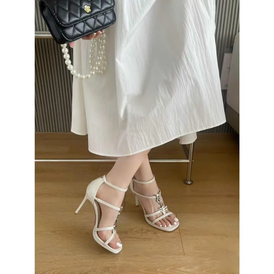 Dép Cao Gót Nữ TGG 899-3 Màu Trắng Da Bóng Phối Chữ YSL Size 38