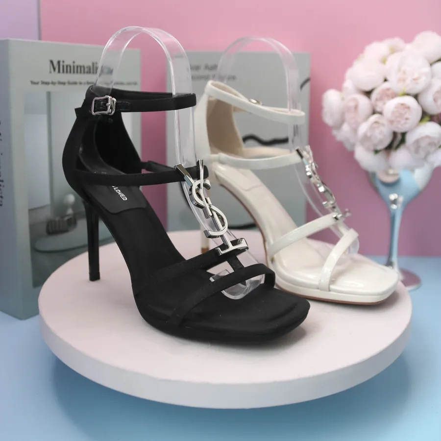 Dép Cao Gót Nữ TGG 899-3 Màu Trắng Da Bóng Phối Chữ YSL Size 38
