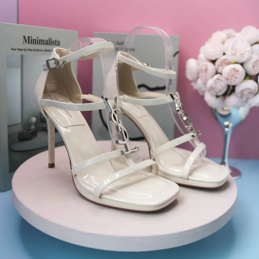Dép Cao Gót Nữ TGG 899-3 Màu Trắng Da Bóng Phối Chữ YSL Size 38