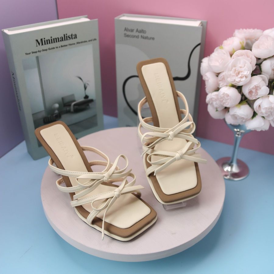 Dép Cao Gót Nữ TGG QL211-1 Màu Trắng Quai Đính Nơ Size 36
