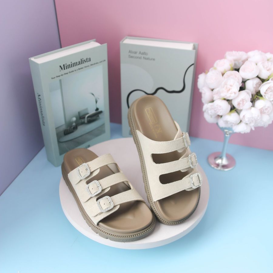 Dép Nữ TGG 629-9 Màu Be Da Lộn Quai Đính Đá Size 36