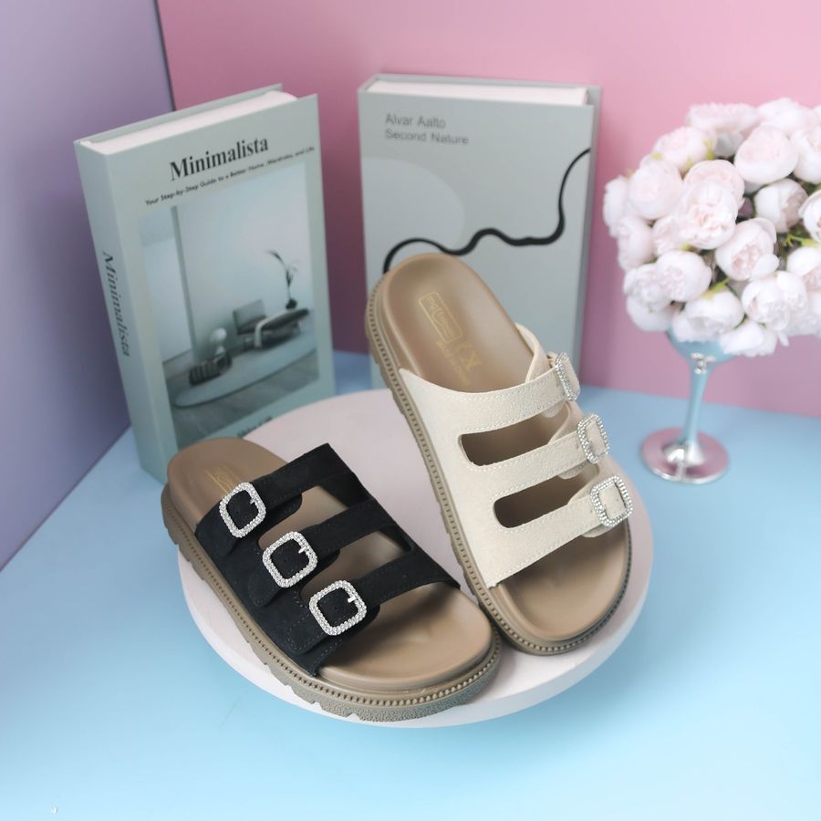 Dép Nữ TGG 629-9 Màu Be Da Lộn Quai Đính Đá Size 36